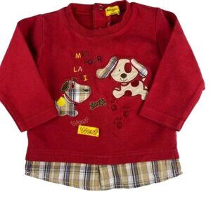 Malin Calin French Red Layered Plaid Puppies Long Sleeve Tee Size 12 Months